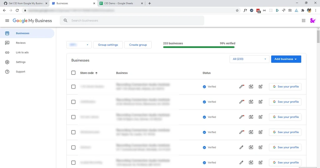 Screenshot of Google My Business admin console.